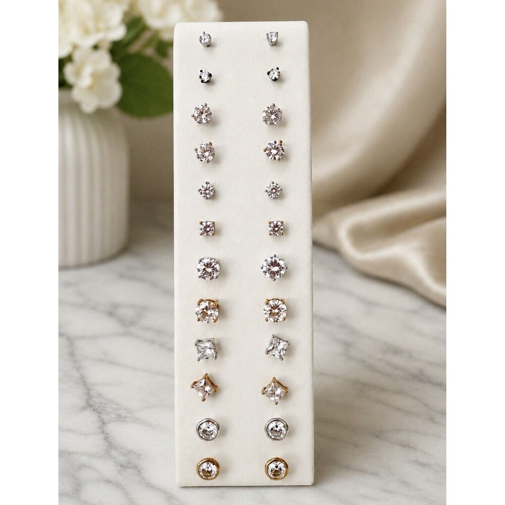 Wholesale Lot 12 Pairs CZ Stud Earrings Rhodium PL Gold & Silver Tone Display